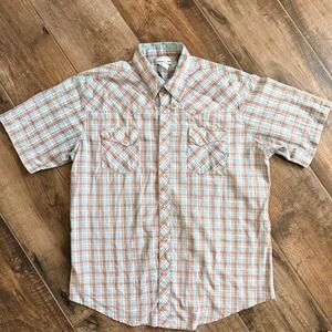 Wrangler Wrancher VTG Western Plaid Pearl Snap Short Sleeve Shirt, Teal Tan, XL